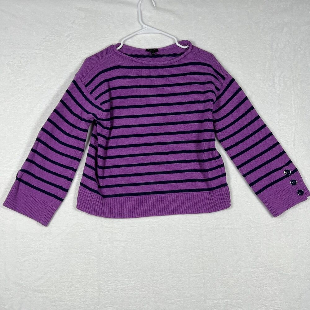 Talbots Petite Women's Sweater Size M Purple Navy Striped Cotton Pullover
